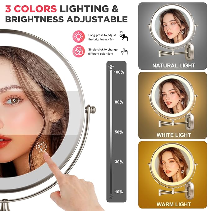 20X Magnifying Mirror with Light: 8.5 inch Lighted Makeup Mirror with 3 Colors, 360° Rotation Touch Screen Rechargeable Light up Mirror, Double Sided LED Vanity Mirror, Brushed Nickel