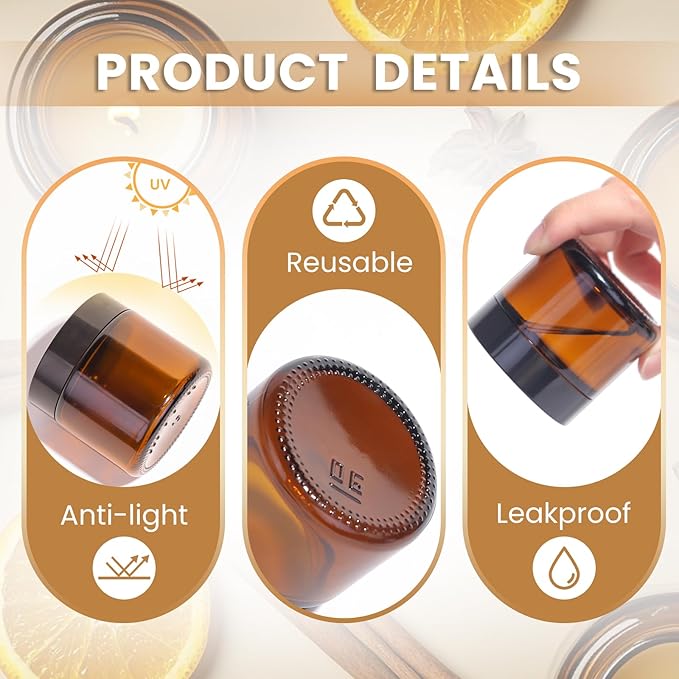 2oz Amber Glass Jars with Lids - 40 Pack Leakproof Small Cosmetic Containers with Inner Liners, Wide-Round Smooth Mouth, Sealable for Creams, Lotions, Essential Oils, Body Butter, Travel Samples