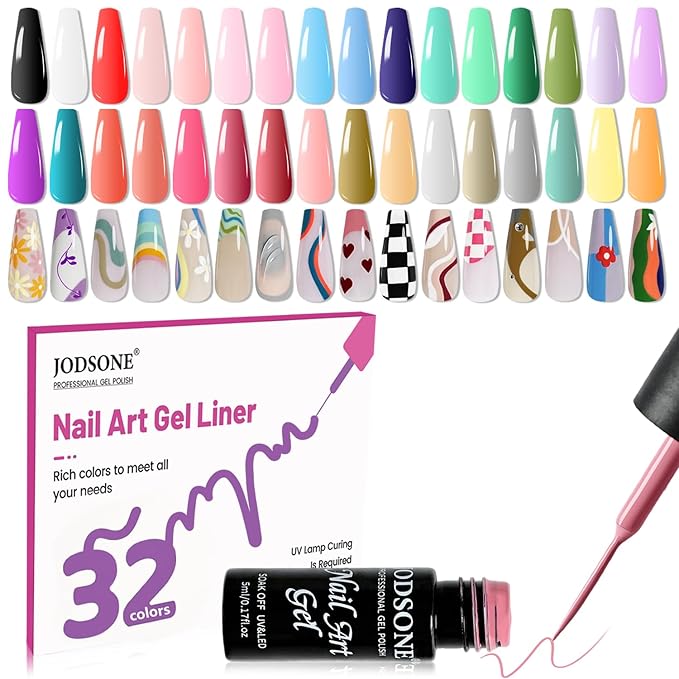 JODSONE Gel Polish Nail Art Gel Liner Set 32 Colors Orange Grey Pink Green Blue White Black Need U V Lamp Cured with Thin Brush Gift for Girls