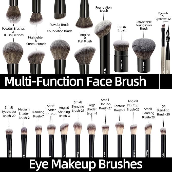 MAANGE 20 PCS Foundation Makeup Brush Set, Double-ended Kabuki Contour Brush for Liquid Powder Concealer Blending Blush Face Makeup Tools (Black)