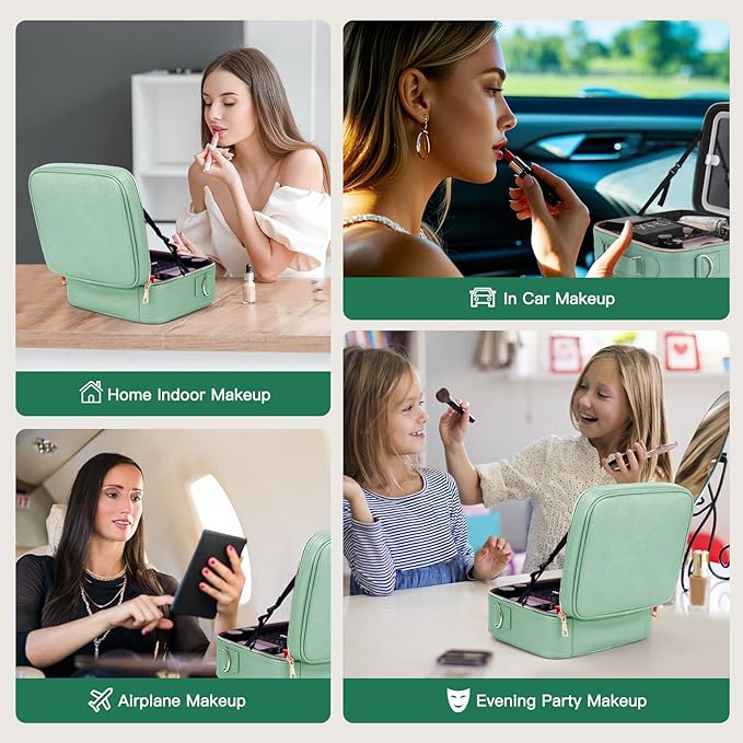 Travel Makeup Bag with LED Mirror, Cosmetic Bags for Women with Light up Mirror, Travel Essentials Makeup Organizer, Makeup Case with Adjustable Dividers and Brush Holder, 3 Color Lights