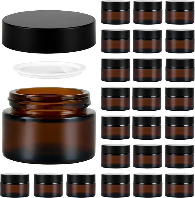 2 oz Reusable Amber Glass Container Jars 24 Pack with Wide-mouth Leak Proof Cap and Inner Pull-On Lid for Travel Storage Makeup, Face Creams, Body Lotions, DIY Crafts or Others