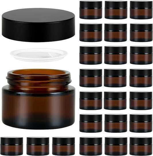 2 oz Reusable Amber Glass Container Jars 24 Pack with Wide-mouth Leak Proof Cap and Inner Pull-On Lid for Travel Storage Makeup, Face Creams, Body Lotions, DIY Crafts or Others