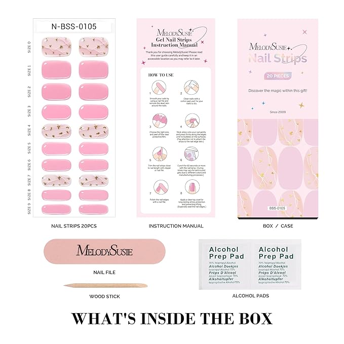 MelodySusie Semi Cured Gel Nail Strips (Pink), 20 PCS Gel Nail Stickers, Gold Foils, UV Light Required, Durable & Salon Quality