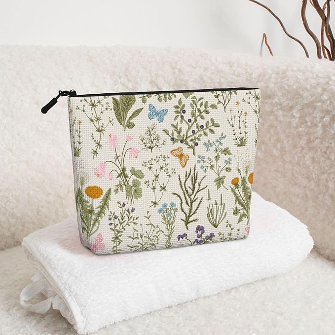 MOLAIGIN Vintage Color Plants Herbs Floral Butterfly Botanical Cosmetic Bag For Women, Travel Makeup Bag, Toiletry Zipper Bag, Large Capacity Aesthetic Cases