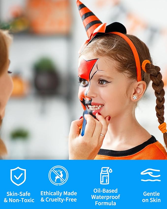 3 Colors Oil Based Face Body Paint Set with 6 Brushes, White Black Red Clown Makeup Kit for Halloween Goth Pennywise Joker Devil Zombie Vampire Skeleton SFX Cosplay Stage, Non Toxic for Kids & Adults