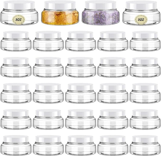 Tessco 24 Pack Plastic Jars with Lids Labels Empty Clear Plastic Jars Round Refillable Cosmetic Containers Body Butter Containers Bulk Sugar Scrub Bottle for Make Up(5 oz,White)