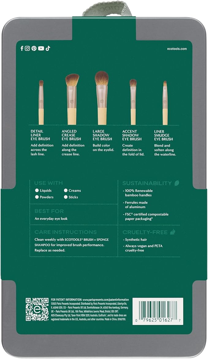 EcoTools Daily Defined Eye Brush Kit, Makeup Brushes For Liquid, Powder, & Cream Eyeshadow & Eyeliner Application, Eco-Friendly Eye Brushes, Synthetic Hair, Cruelty Free, 5 Piece Set