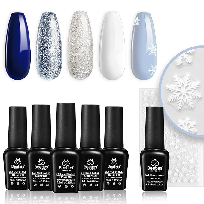 Beetles 6 Pcs Winter Christmas Gel Nail Polish Set- 5 Colors Glitter White Blue Silver Gel Polish Kit with Strengthener Reinforcement Nail Sticker Snowflakes Soak off UV LED Lamp Gifts for Girls