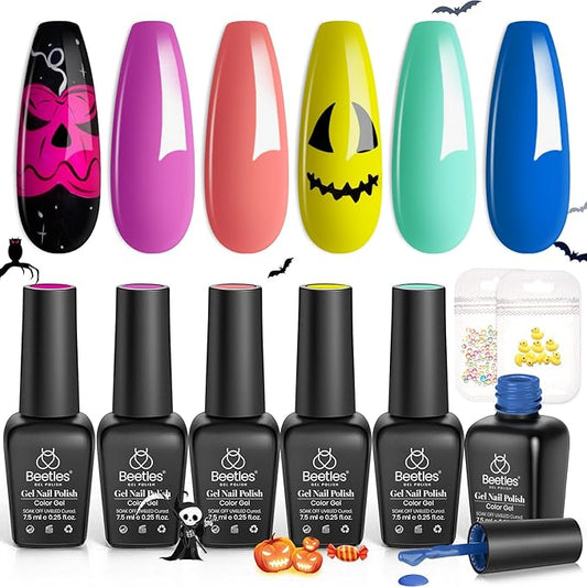 Beetles Gel Nail Polish Set, Halloween Gel Nail Polish, 6 Colors Orange Blue Pink Green Soak Off UV Manicure Kit DIY Nail Art for Women Pool Party Holiday