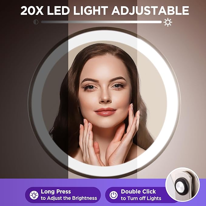 20x Magnifying Mirror with Light, Lighted Makeup Mirror with 3 Color Modes and Adjustable Brightness, Side Charging Port & SideTouch Sensor, 360° Rotation Double Sided Standing Mirror-Brushed Nickel