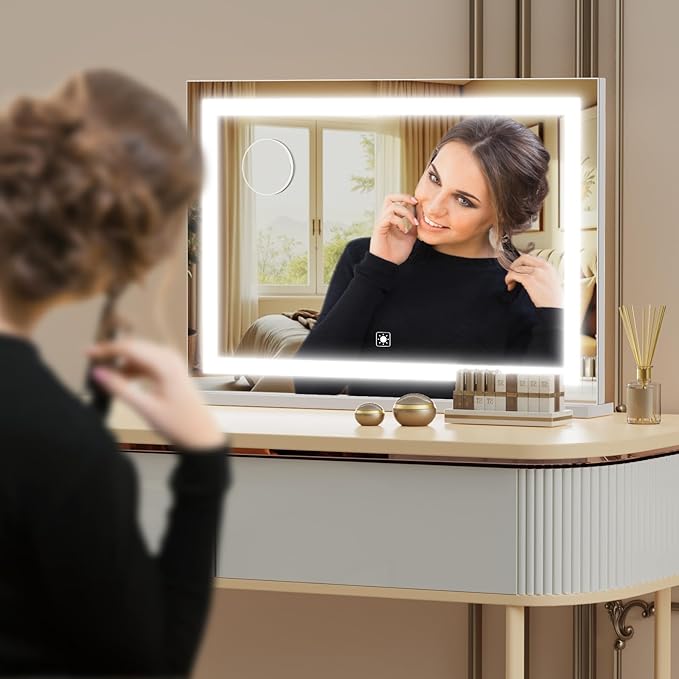 Makeup Vanity Mirror with USB Charging Port 24" x 19" Large LED Makeup Mirror, Desk Mirorr with Lights, Light up Mirror with 10X Magnification and, Dimmable 3 Modes, Touch Control White
