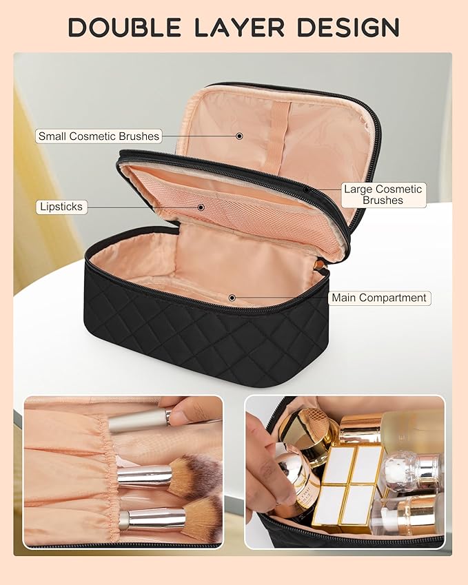 Relavel Makeup Bag, Small Makeup Bag for Women, Travel Cosmetic Bag, 2 Layers Waterproof Makeup Organizer Storage with Makeup Brush Holder, Black
