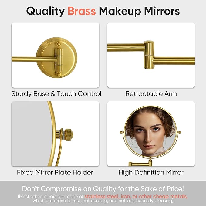 GURUN 8" Wall Mounted Makeup Mirror with 10X Magnification,Two-Sided Swivel Bathroom Mirror,Brushed Gold Finish M1306GJ(8",10X)