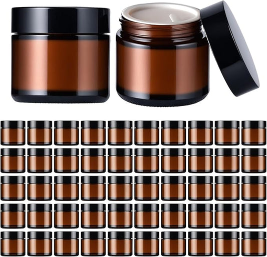 2 oz Glass Jars With Lids,50 Pack Amber Glass Jars With whit Inner Liners & Glossy Black Lids for Cream, Lotions, Powders, Ointments, Sample & Candle Small Making