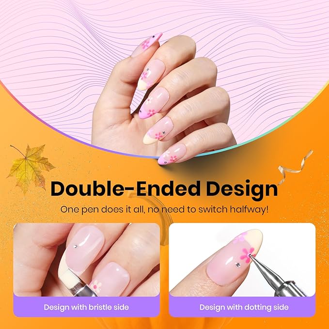 Beetles Nail Art Brushes 8pcs – Crystal Nail Art Tools 5pcs Double-headed Nails Dotting Tool, 3pcs Striping Liner Brushes for Nails with Pearls Bowknot Stickers, DIY Home Salon Manicure Design Tools