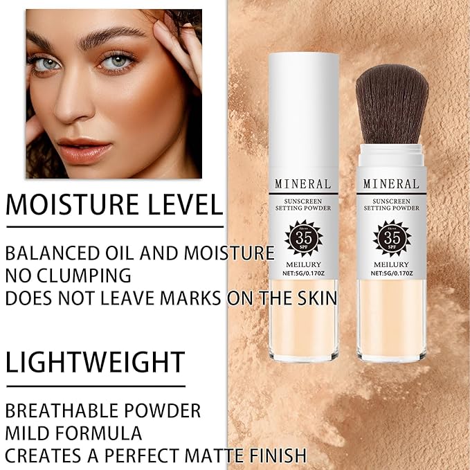 Sunscreen Setting Powder SPF 35, Mineral Brush Powder for Face & Scalp, Oil Control Natural Matte Finish Loose Powder Translucent Lasting Lightweight Breathable for All Skin (#05 Medium)