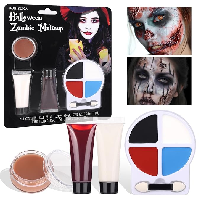 BOBISUKA Halloween Zombie Makeup Kit with 4 Colors Face Body Paint & Applicator, Fake Blood, Liquid Latex and Scar Wax SFX Makeup Set for Vampires Wounds Clown Cosplay Special Effects Makeup