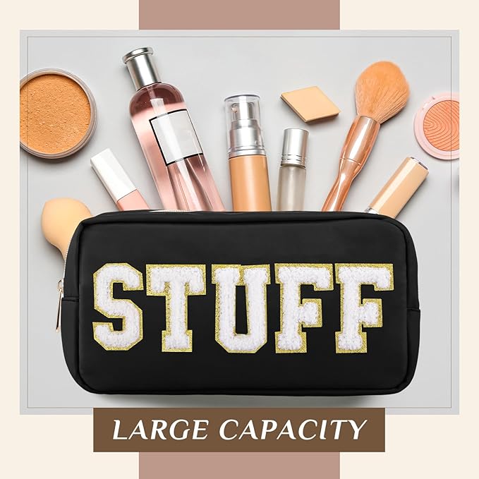 Cunno 4 Pcs Preppy Makeup Bags Chenille Letter Stuff Bag Nylon Cosmetic Pouch Cases with Zipper for Women Travel Toiletry