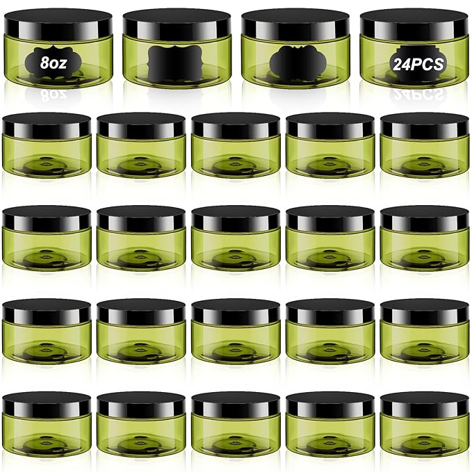 Dandat 24 Pcs 8 oz Plastic Jar Container with Lid and Label Refillable Empty Round Green PET Cosmetic Sample Containers for Lotion, Cream, Ointments, Body Butter, Makeup, Travel Storage