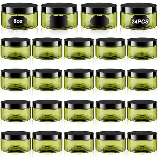 Dandat 24 Pcs 8 oz Plastic Jar Container with Lid and Label Refillable Empty Round Green PET Cosmetic Sample Containers for Lotion, Cream, Ointments, Body Butter, Makeup, Travel Storage