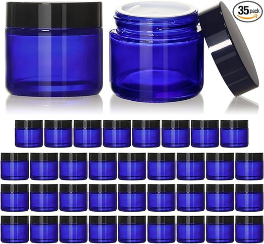 KEYWING 2oz Small Glass Jars with Black Lids, 35 Pack Blue Round Glass Cosmetic Jars with Inner Liners for Cream, Lotions, Powders and Ointments
