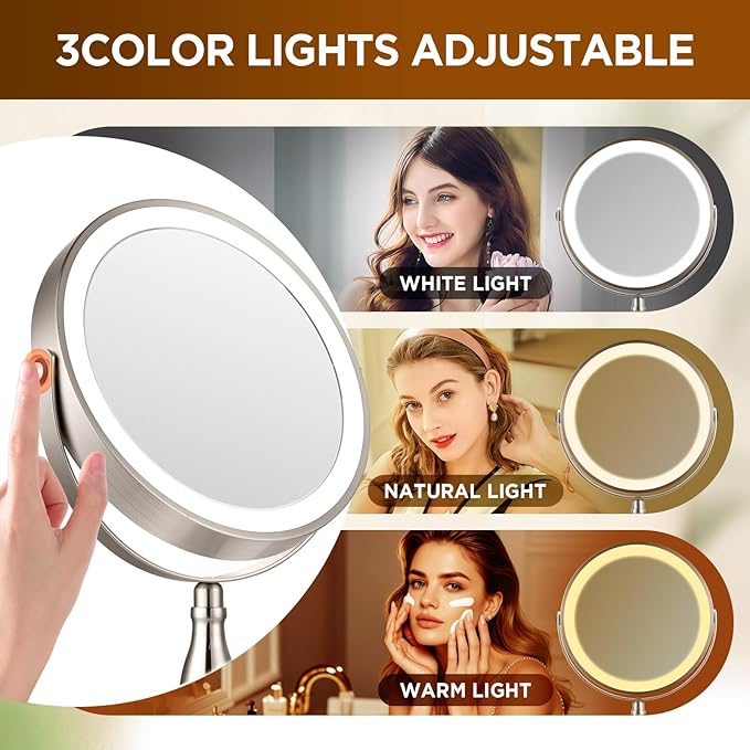 Makeup Mirror with Lighted, 30x Magnifying Mirror with 3 Lights Colors, Vanity Mirror Brushed Nickel - 360° Rotation, Brightness Adjustable Magnification, Modern Style Side Touch + Side Charge