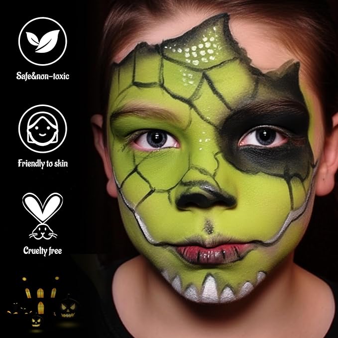 Black White Ogre Green Face Body Paint with Applicator, Oil Based Face Painting Kit for Halloween Green Monster, Frankenstein, Alien, Evil Creature Makeup, SFX Cosplay, Costume Parties, Dress Up