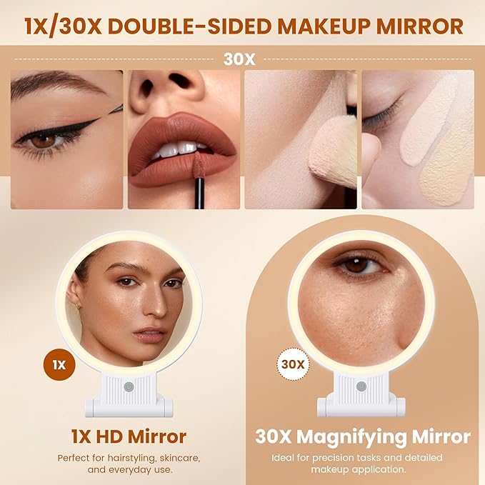 1X/30X Lighted Makeup Mirror with Magnification, Double-Sided Switch, 3-Color Lights, 2000mAh Rechargeable, Adjustable Brightness, Swivel Makeup Mirror with Lights for Vanity or Wall Use