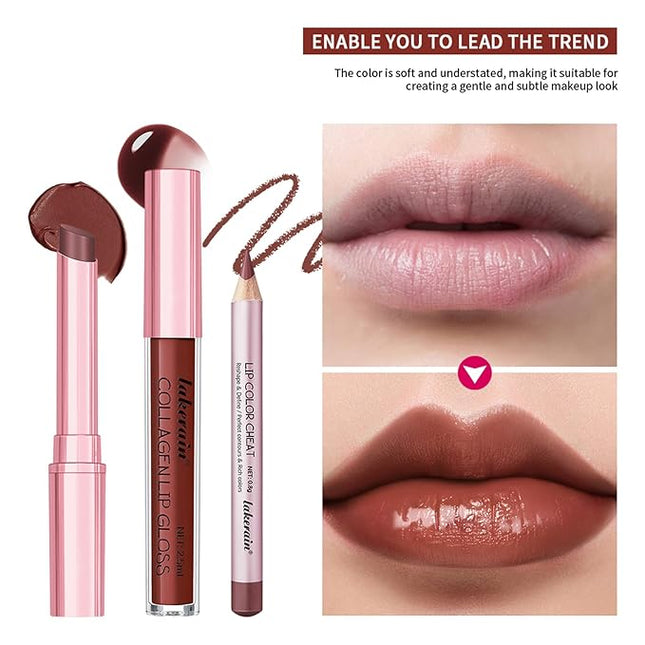 3PCS Lip Liner and Lipstick Combo Set - Matte Lip Liner Pencil, Velvet Matte Lipstick & Hydrating Collagen Lip Gloss - Long-Lasting, Smudge-Proof, Nude Brown Lip Makeup Kit (#3 Reddish Brown)