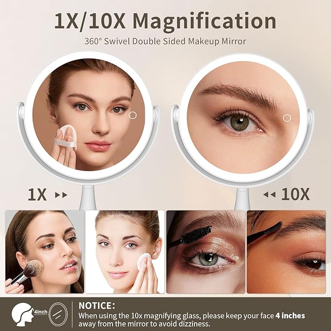 Makeup Mirror with Lights, 1X/10X LED Magnifying Vanity Mirror, HD Lighted Mirror for Desk, 3 Color Lights Adjustable Brightness, 360° Rotation 2-Sided 7.6" Dorm Room Mirror, Women Birthday Gifts