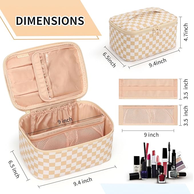 OCHEAL Makeup Bag,Travel Makeup Organizer Case, Large Capacity Cosmetic Bags for Wome Travel Toiletry Bag for Girls Traveling With Brush Slot And Divider-Plaid Beige