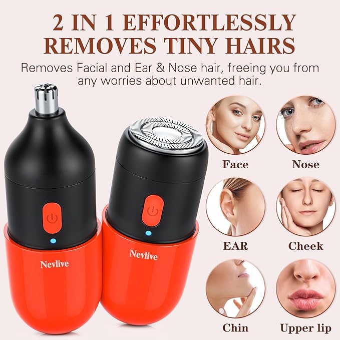 2-in-1 Facial Hair Remover & Nose Trimmer for Women and Men – USB-C Rechargeable Mini Electric Shaver, Waterproof, Dual-Edge Stainless Steel Blades, Painless Hair Removal for Face, Nose, and Body