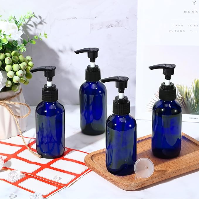 Tanlade 12 Pcs Glass Pump Bottle Dispenser 4 oz Travel Bottles with Pump Refillable Glass Containers for Toiletries Lotion Liquid Soap Shampoo Essential Oils Cosmetic Travel Accessories(Blue)