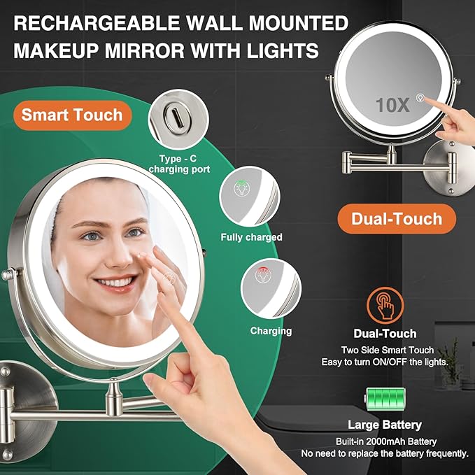 Rechargeable Wall Mounted Makeup Mirror Brushed Nickel, 8.5'' Magnifying Mirror with Lights Double-Sided 1X/10X 360° Rotation Extension Bathroom Shaving Mirror with Foldable Arm