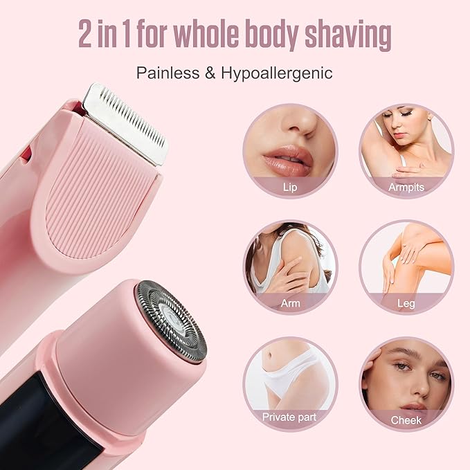 2 in 1 Bikini Trimmer for Women Dual Head Electric Shaver,IPX7 Waterproof Wet & Dry, Painless Shaver for Body Face Private Area Pink