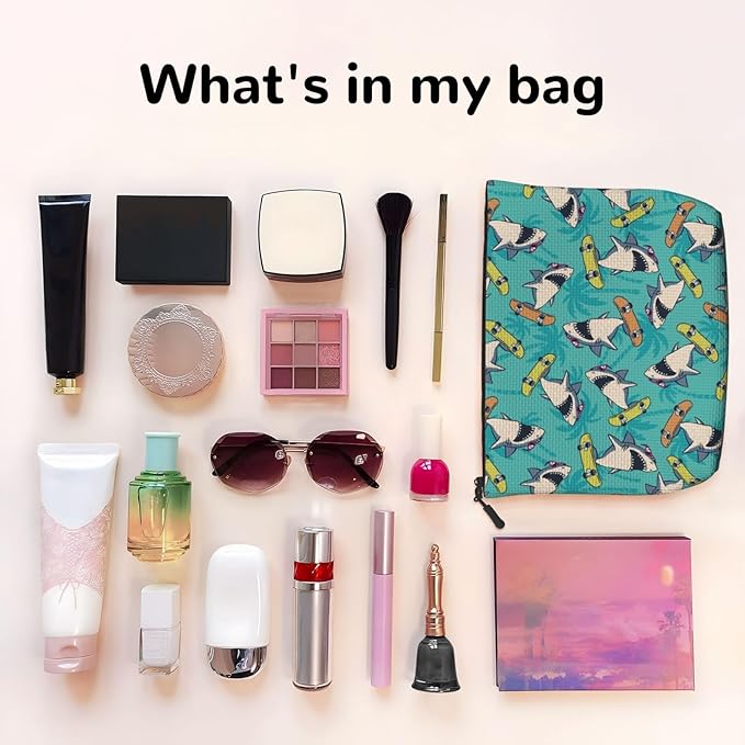 MOLAIGIN Surf Whale Shark Ocean Nautical Skateboard Cosmetic Bag For Women, Travel Makeup Bag, Toiletry Zipper Bag, Large Capacity Aesthetic Cases