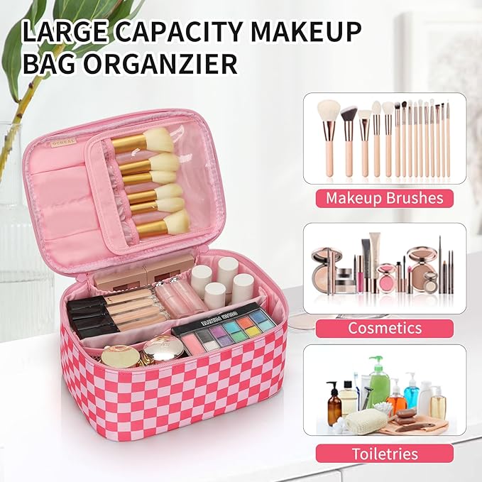 OCHEAL Makeup Bag Portable Cosmetic Bag For Women, Large Capacity Travel Makeup Case Organizer, Toiletry Bag for Girls Traveling With Handle and Divider-Pink