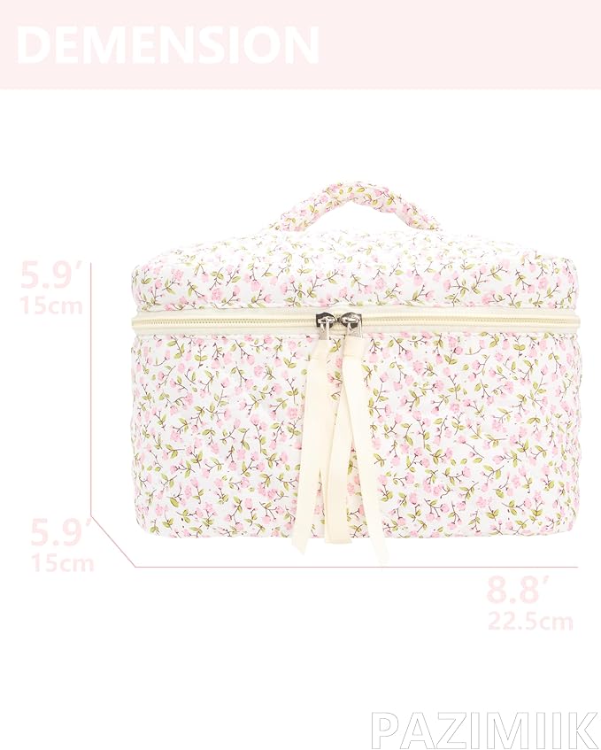 Quilted Makeup Bag Large Travel Zipper Soft Cosmetic Case for Women Girls Make Up,Floral Pink