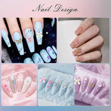 Artdone Nail Art Studs Kit, 12 grids 8 Colors 3D Charms and Pink Mix White Flower Heart Diamond Butterfly Cute Nail Jewels for DIY Decoration with Pickup Tools