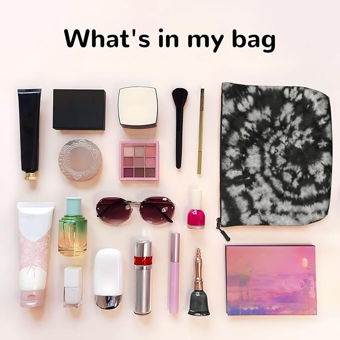 MOLAIGIN Tie Dye Black White Grey Cosmetic Bag For Women, Travel Makeup Bag, Toiletry Zipper Bag, Large Capacity Aesthetic Cases