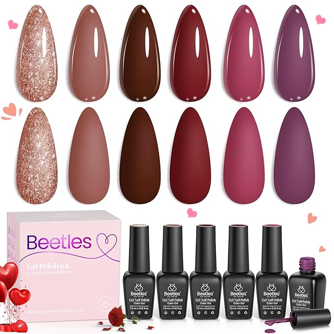 Beetles Fall Gel Nail Polish Set Plum Burgundy Red Brown Glitter 6Pcs Gel Polish Kit Soak Off UV LED Nail Lamp Art Manicure Salon DIY Home Gifts for Women Silent Flower