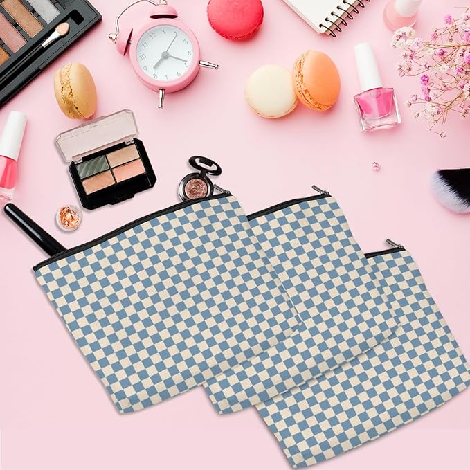 6 Pcs Checkered Makeup Bags Make up Bag Cosmetic Bags for Women Girls Sister Bridesmaid Auntie Friendship Christmas Birthday Travel Toiletry Bag Aesthetic Zipper Organizer Accessories, Cute Blue Plaid