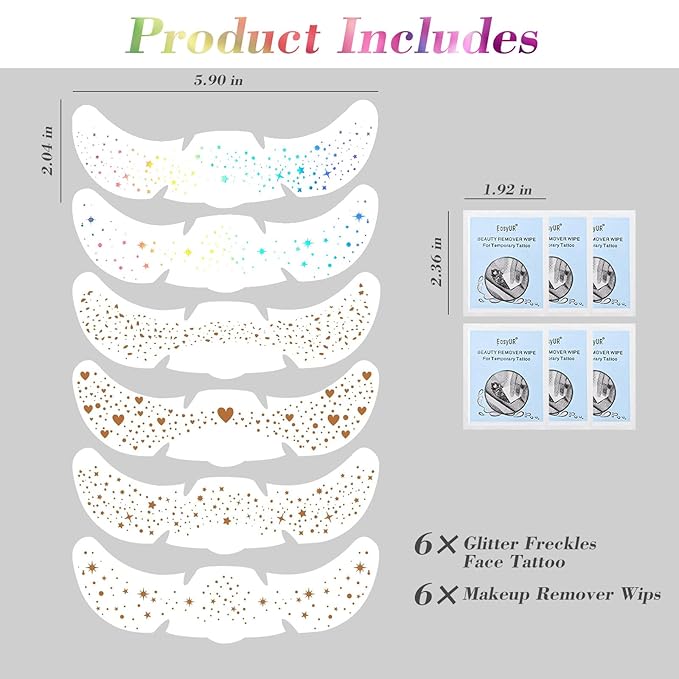 6 pcs Holographic Multicolour Glitter Freckles Face Tattoo, Waterproof Sparkle Face Glitter Speckles Patches for Women, Cute Glitter Temporary Tattoo Makeup Rave Accessories