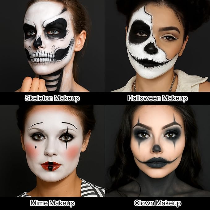 Black and White Face Paint, Halloween Clown Makeup Goth Greasepaint for Kids and Adult, Long Lasting Oil Based Cream Full Face Body Paint for Joker, Skeleton, Cosplay, SFX, Zombie, Theater, Stage