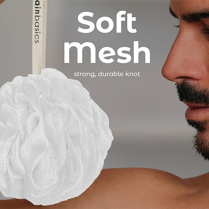 MainBasics Bath Shower Loofah Sponge Pouf Body Scrubber Exfoliator Body Wash Sponge (Set of 3, Snow White)