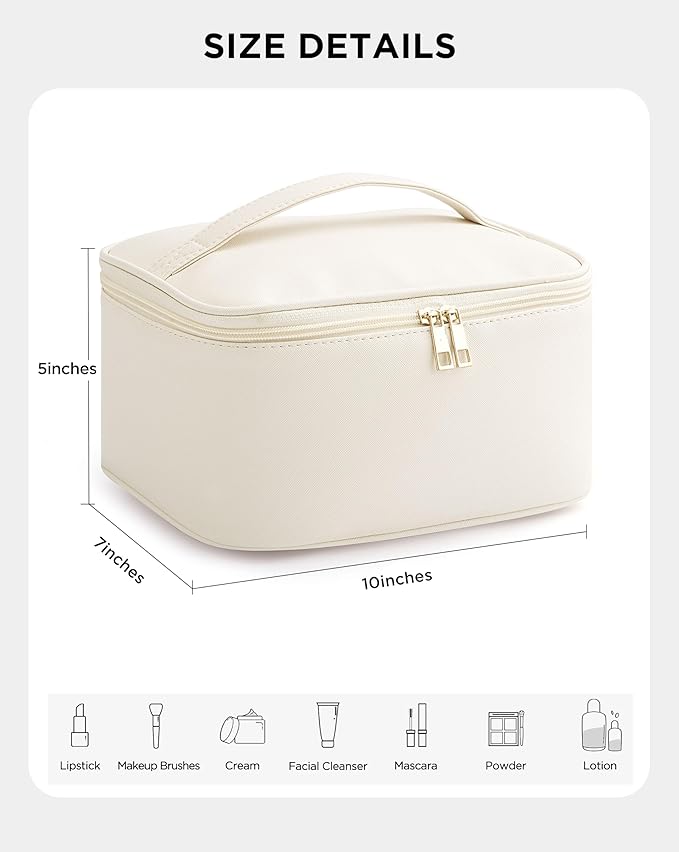 Makeup Bag for Women, Large Travel Makeup Bag Organizer, Portable Toiletry Bag, Cute Makeup Bags Waterproof Leather Cosmetic Bag Makeup Case with Removable Dividers, Beige