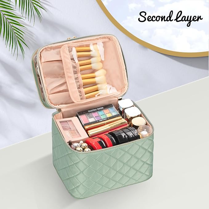 OCHEAL Large Makeup Bag, Double Layer Makeup Bag, Vertical Storage Cosmetic Case for Women/Girls with Multiple Compartments-Green