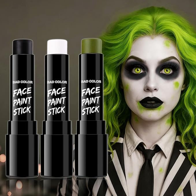 BAD COLOR 3PCS Black White Orge Green Face Body Paint Stick Makeup for Frankenstein/Witch/Grinch/Hulk/Alien/Demon/Evil Clown SFX Cosplay & Dress Up, Full-Coverage Halloween Facepaint Makeup Kit