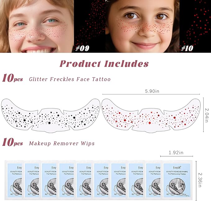 10 Styles Red Glitter Freckles Face Tattoo, Waterproof Sparkle Cute Star Butterfly Face Glitter Speckles Patches for Women, Metallic Temporary Tattoo Halloween Accessories Makeup for Rave